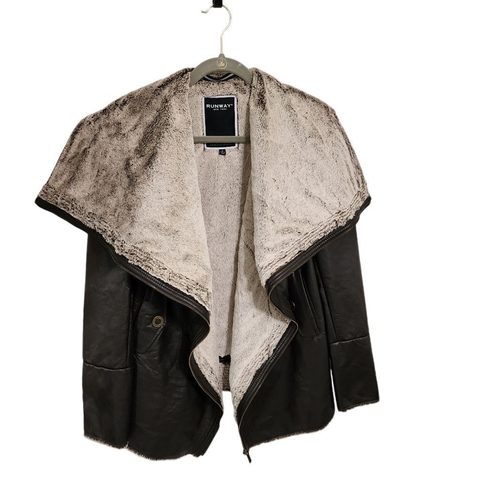 Runway New York Jacket M brown leather fleece lined Indie Rock Grunge